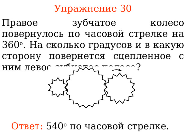 Упражнение 30 Правое зубчатое колесо повернулось по часовой стрелке на 360 о . На сколько градусов и в какую сторону повернется сцепленное с ним левое зубчатое колесо ? В режиме слайдов ответы появляются после кликанья мышкой Ответ: 540 о по часовой стрелке. 