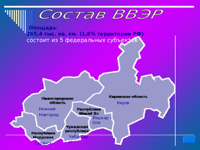   Площадь :  265,4 тыс. кв. км. (1,6% территории РФ)  состоит из 5 федеральных субъектов Киров Нижний  Новгород  Йошкар - Ола Чебоксары Саранск 