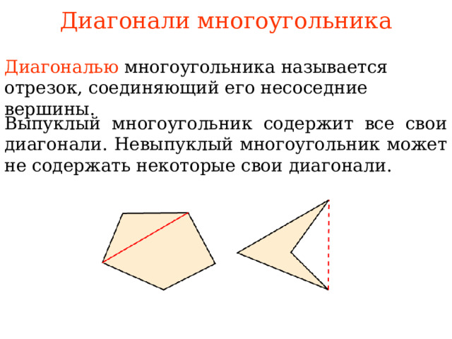 Диагонали многоугольника Диагональю  многоугольника называется отрезок, соединяющий его несоседние вершины. В ыпуклый многоугольник содержит все свои диагонали. Невыпуклый многоугольник может не содержать некоторые свои диагонали . В режиме слайдов ответы появляются после кликанья мышкой 
