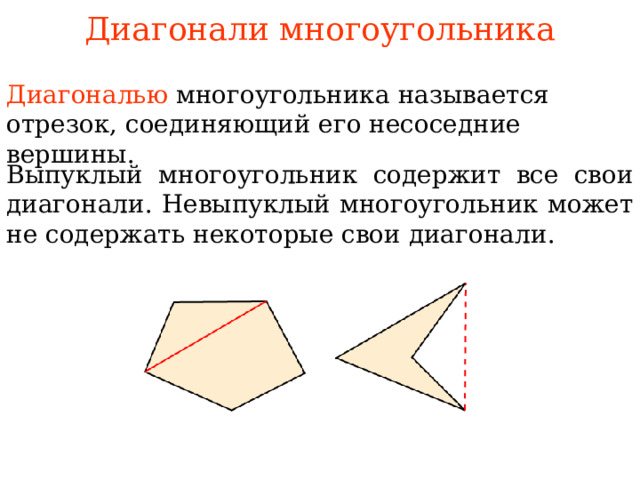 Диагональ многоугольника. Невыпуклый многоугольник. Равносоставленные многоугольники. Вогнутые многоугольники.