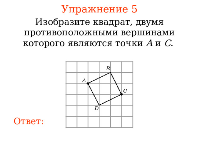 Упражнение 5 Изобразите квадрат, двумя противоположными вершинами которого являются точки A и C . В режиме слайдов ответы появляются после кликанья мышкой Ответ: 