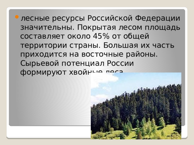 лесные ресурсы Российской Федерации значительны. Покрытая лесом площадь составляет около 45% от общей территории страны. Большая их часть приходится на восточные районы. Сырьевой потенциал России формируют хвойные леса 