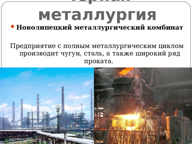 Черная металлургия Новолипецкий металлургический комбинат  Предприятие с полным металлургическим циклом производит чугун, сталь, а также широкий ряд проката. 