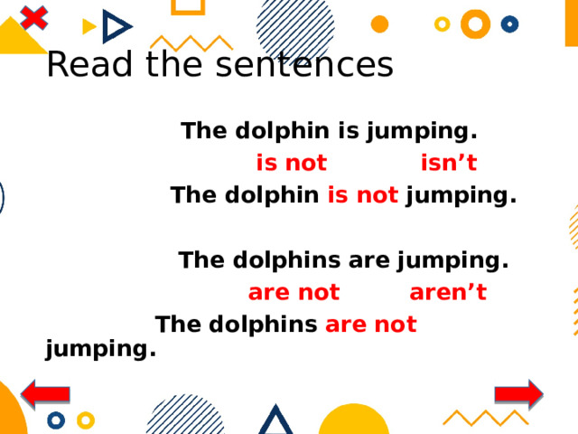 Read the sentences  The dolphin is jumping.  is not isn’t  The dolphin is not jumping.   The dolphins are jumping.  are not aren’t  The dolphins are not jumping. 