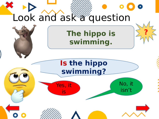 Look and ask a question ? The hippo is swimming. Is the hippo swimming? No, it isn’t Yes, it is 
