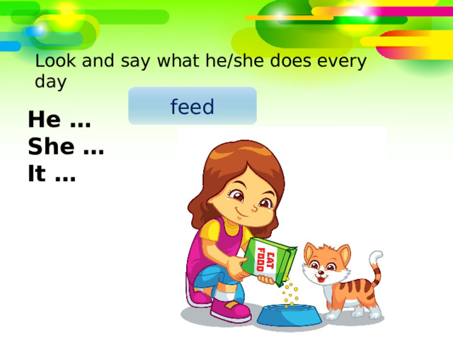 Look and say what he/she does every day feed He … She … It … 