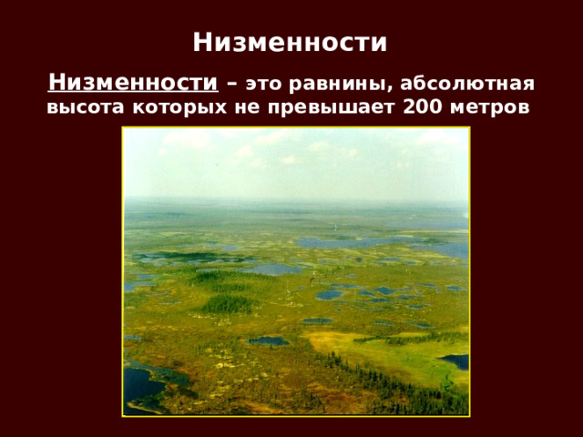 Низменности  Низменности – это равнины, абсолютная высота которых не превышает 200 метров 