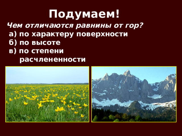 Подумаем! Чем отличаются равнины от гор? а) по характеру поверхности б) по высоте в) по степени расчлененности 