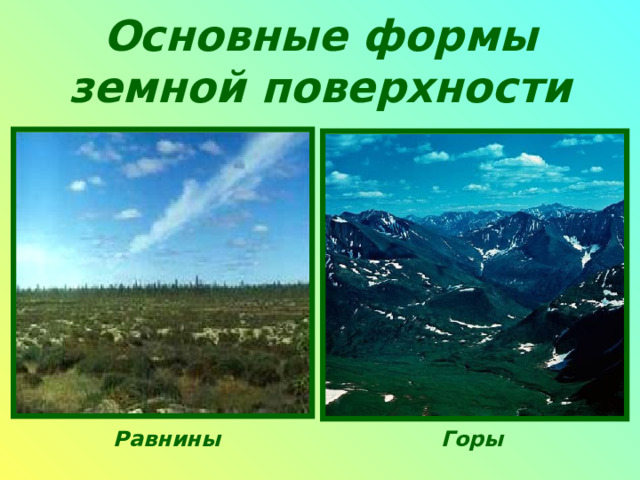 Основные формы земной  поверхности Равнины Горы 