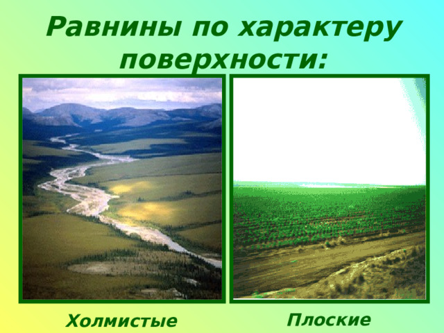 Равнины по характеру поверхности: Плоские  Холмистые  