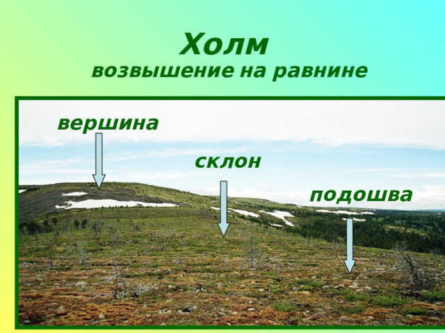 Холм  возвышение  на равнине   вершина склон подошва 