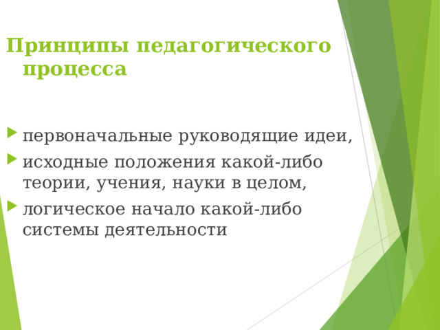 Принципы педагогического процесса  первоначальные руководящие идеи, исходные положения какой-либо теории, учения, науки в целом, логическое начало какой-либо системы деятельности 