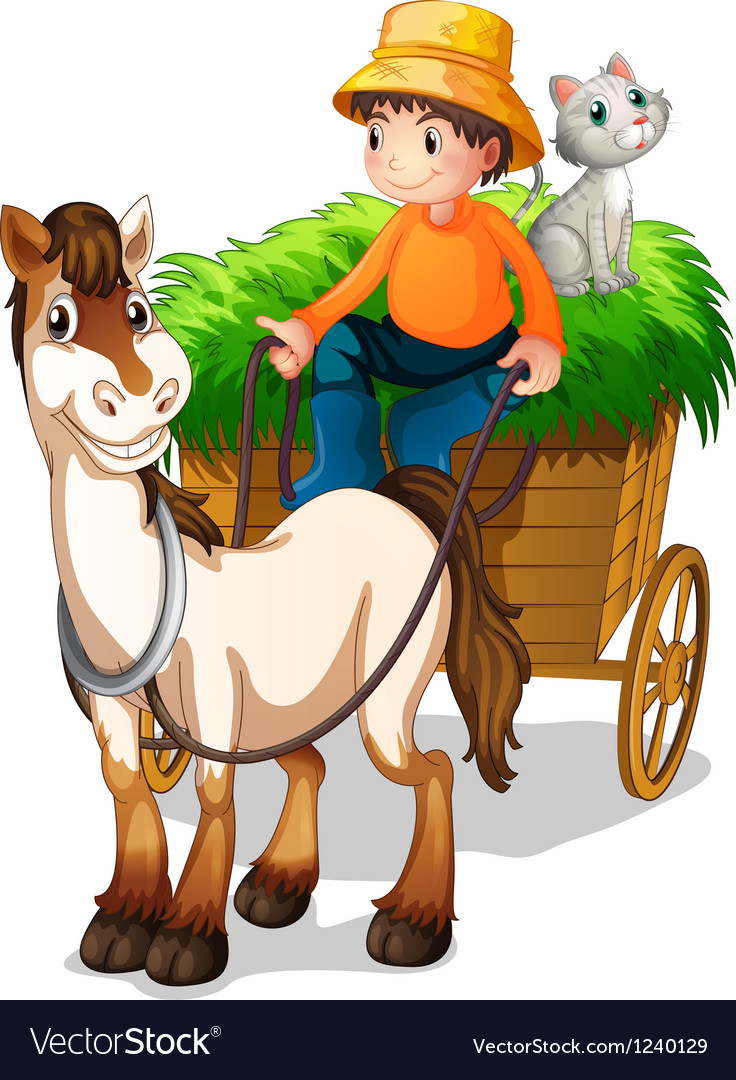 Мальчик на повозке с лошадью