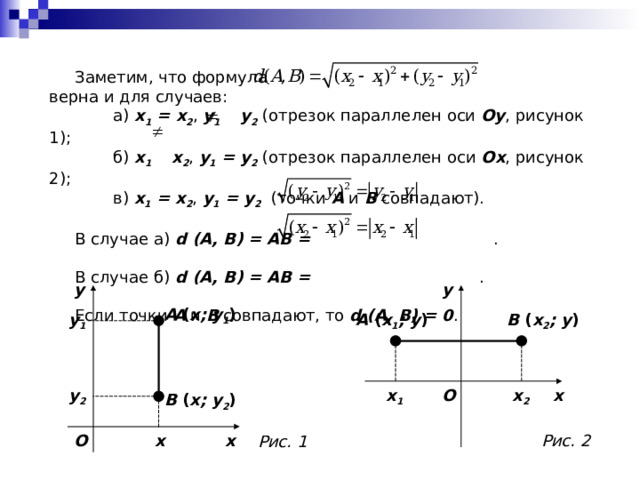  Заметим, что формула верна и для случаев:  а) х 1 = х 2 , y 1  y 2 (отрезок параллелен оси Oy , рисунок 1);  б) х 1  х 2 , у 1 = у 2 (отрезок параллелен оси Ox , рисунок 2);  в) х 1 = х 2 , у 1 = у 2 (точки A и B совпадают).  В случае а) d (A, B) = AB = .   В случае б) d (A, B) = AB = .  Если точки A и B совпадают, то d (A, B) = 0 . y y A ( x; y 1 ) B ( x 2 ; y ) y 1 A ( x 1 ; y ) O x y 2 x 1 x 2 B ( x; y 2 ) x Рис. 2 O x Рис. 1 