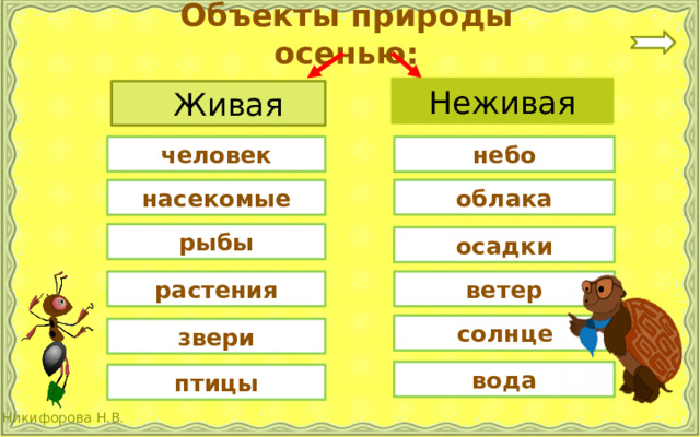 Объекты природы осенью: Неживая  Живая человек небо облака насекомые рыбы осадки растения ветер солнце звери вода птицы 