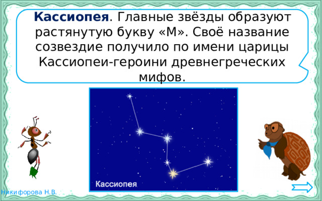 Кассиопея . Главные звёзды образуют растянутую букву «М». Своё название созвездие получило по имени царицы Кассиопеи-героини древнегреческих мифов. 