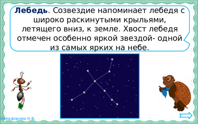 Лебедь . Созвездие напоминает лебедя с широко раскинутыми крыльями, летящего вниз, к земле. Хвост лебедя отмечен особенно яркой звездой- одной из самых ярких на небе. 