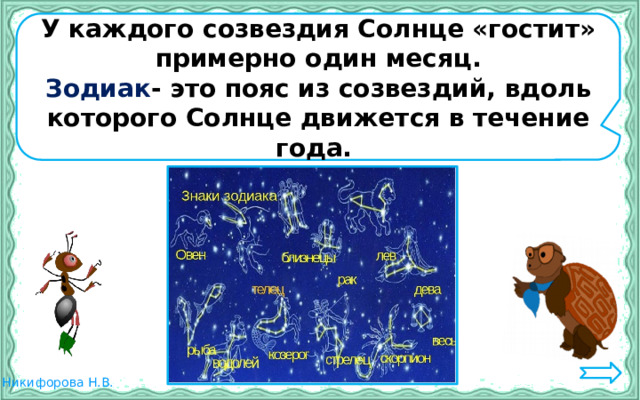 У каждого созвездия Солнце «гостит» примерно один месяц. Зодиак - это пояс из созвездий, вдоль которого Солнце движется в течение года. 