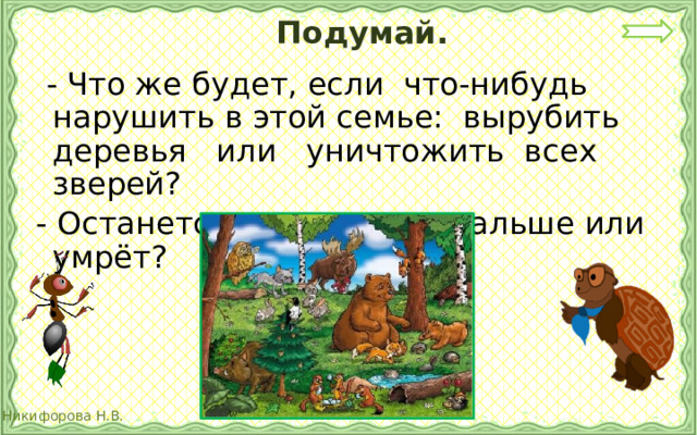 Подумай.  - Что же будет, если что-нибудь нарушить в этой семье: вырубить деревья или уничтожить всех зверей?  - Останется ли лес жить дальше или умрёт? 
