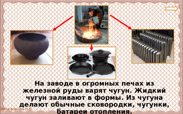  На заводе в огромных печах из железной руды варят чугун. Жидкий чугун заливают в формы. Из чугуна делают обычные сковородки, чугунки, батареи отопления. 
