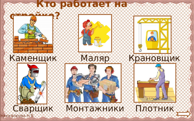  Кто работает на стройке? Маляр Крановщик Каменщик Сварщик Плотник Монтажники 