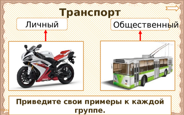 Транспорт Личный Общественный Приведите свои примеры к каждой группе. 