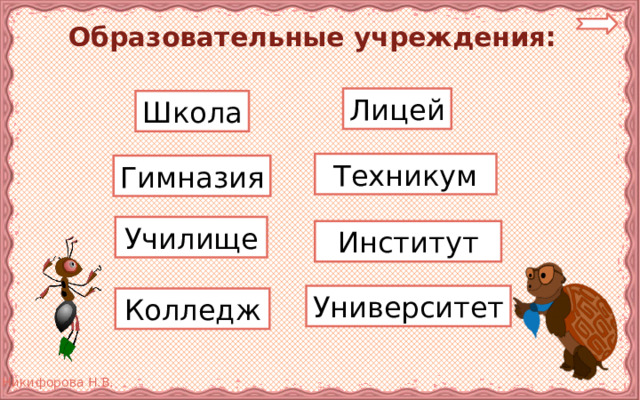 Образовательные учреждения: Лицей Школа Техникум Гимназия Училище Институт Университет Колледж 