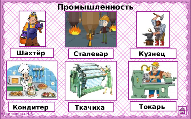 Промышленность Шахтёр Сталевар Кузнец Токарь Кондитер Ткачиха 