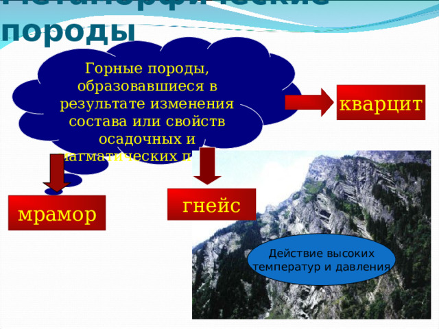 Метаморфические породы Горные породы, образовавшиеся в результате изменения состава или свойств осадочных и магматических пород. кварцит гнейс мрамор Действие высоких температур и давления 