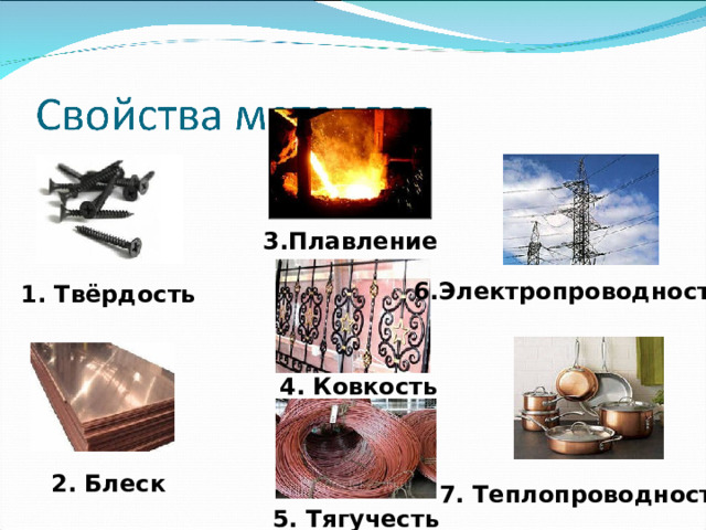 3.Плавление 6.Электропроводность 1. Твёрдость 4. Ковкость 2. Блеск 7. Теплопроводность 5. Тягучесть 