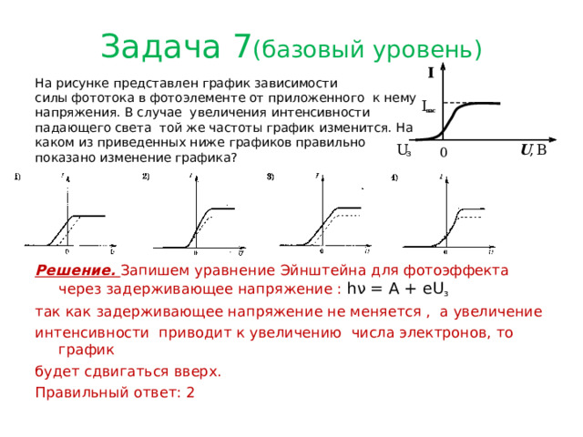 Задача 7 (базовый уровень) На рисунке представлен график зависимости силы фототока в фотоэлементе от приложенного к нему напряжения. В случае увеличения интенсивности падающего света той же частоты график изменится. На каком из приведенных ниже графиков правильно показано изменение графика?  Решение. Запишем уравнение Эйнштейна для фотоэффекта через задерживающее напряжение : hν = A + eU з  так как задерживающее напряжение не меняется , а увеличение интенсивности приводит к увеличению числа электронов, то график будет сдвигаться вверх. Правильный ответ: 2 