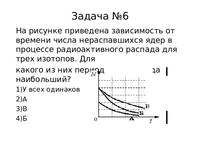 Задача №6 На рисунке приведена зависимость от времени числа нераспавшихся ядер в процессе радиоактивного распада для трех изотопов. Для какого из них период полураспада наибольший? У всех одинаков А В Б 
