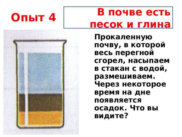 Опыт 4 В почве есть песок и глина Прокаленную почву, в которой весь перегной сгорел, насыпаем в стакан с водой, размешиваем. Через некоторое время на дне появляется осадок. Что вы видите?  