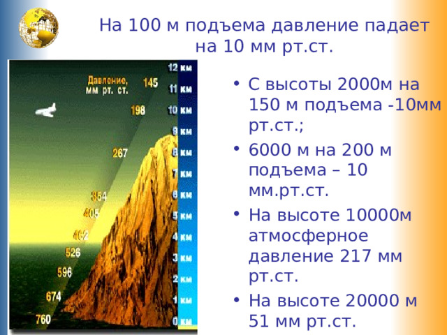 На 100 м подъема давление падает на 10 мм рт.ст. С высоты 2000м на 150 м подъема -10мм рт.ст.; 6000 м на 200 м подъема – 10 мм.рт.ст. На высоте 10000м атмосферное давление 217 мм рт.ст. На высоте 20000 м 51 мм рт.ст. 