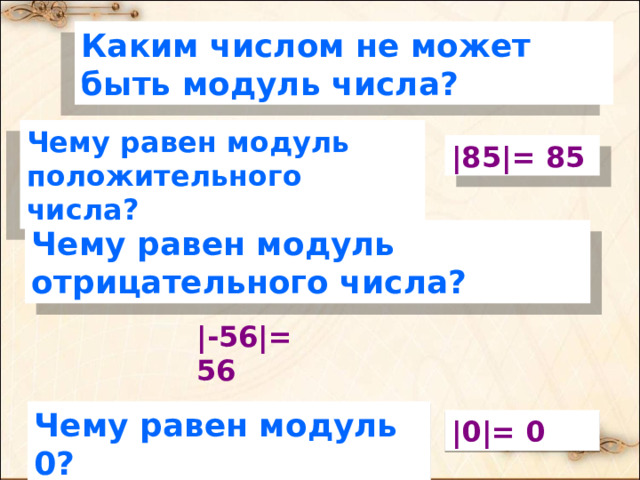 Каким числом не может быть модуль числа? Чему равен модуль положительного числа? |85|= 85 Чему равен модуль отрицательного числа? |-56|= 56 Чему равен модуль 0? |0|= 0 