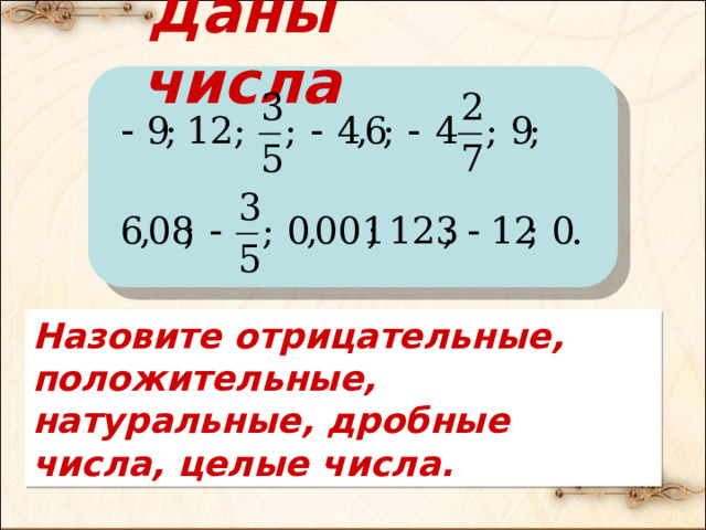 Даны числа Назовите отрицательные, положительные, натуральные, дробные числа, целые числа. 