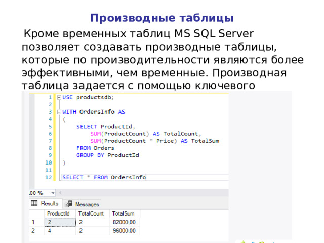 Производные таблицы  Кроме временных таблиц MS SQL Server позволяет создавать производные таблицы, которые по производительности являются более эффективными, чем временные. Производная таблица задается с помощью ключевого слова  WITH : 