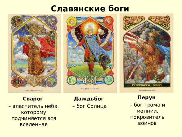 Славянские боги Перун – бог грома и молнии, покровитель воинов Даждьбог – бог Солнца Сварог  – властитель неба, которому подчиняется вся вселенная 