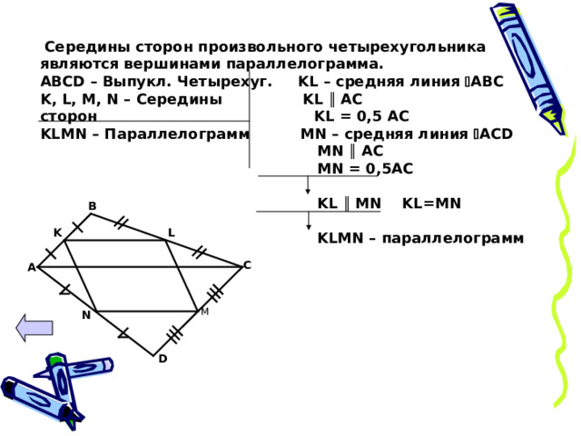  Середины сторон произвольного четырехугольника являются вершинами параллелограмма. ABCD – Выпукл. Четырехуг. KL – средняя линия  ABC K , L , M , N – Середины KL  ║  AC сторон KL = 0,5 AC KLMN – Параллелограмм MN – средняя линия  ACD  MN ║ AC   MN = 0,5AC     KL ║ MN  KL=MN    KLMN – параллелограмм  B K L С A M N D 