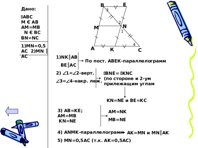 Е В Дано:  АВС  М Є АВ АМ=МВ N Є BC BN=NC 1)MN=0,5AC 2)MN ║ AC  3 2 N M 1 4 A К С 1)NK ║ AB    BE ║ AC  2)  1=  2-верт.  3=  4-накр. леж.    По пост. АВЕК-параллелограмм  BNE=  KNC    ( по стороне и 2-ум прилежащим углам KN=NE и BE=KC 3) AB=KE; AM=MB  KN=NE  AM=NK MB=NE 4) ANMK- параллелограмм 5) MN=0,5AC ( т.к. AK=0,5AC) AK=MN и MN ║ AK 