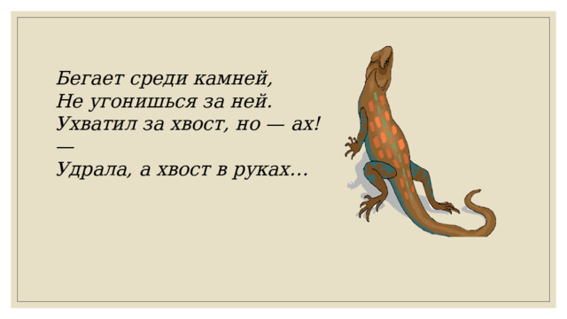 Бегает среди камней, Не угонишься за ней. Ухватил за хвост, но — ах! — Удрала, а хвост в руках… 