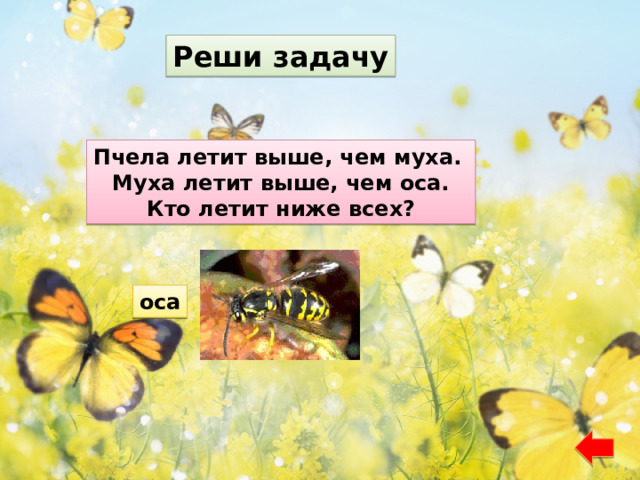 Реши задачу Пчела летит выше, чем муха. Муха летит выше, чем оса. Кто летит ниже всех? оса 