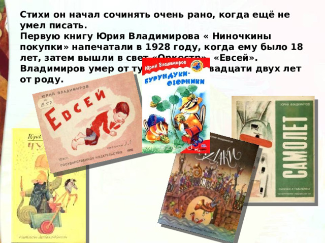 Стихи он начал сочинять очень рано, когда ещё не умел писать. Первую книгу Юрия Владимирова « Ниночкины покупки» напечатали в 1928 году, когда ему было 18 лет, затем вышли в свет «Оркестр», «Евсей». Владимиров умер от туберкулеза двадцати двух лет от роду. 
