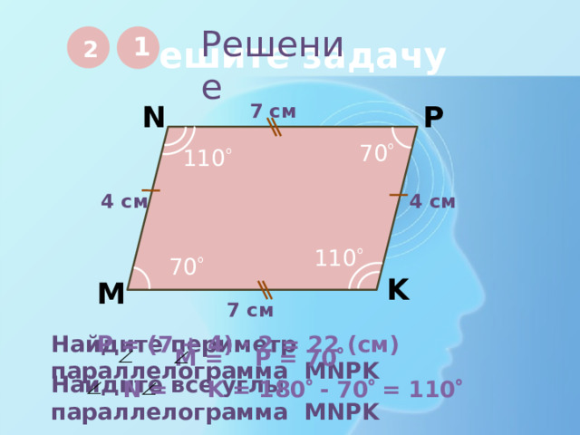 Решите задачу Решение 1 2 7 см P N 70  110  4 см 4 см 110  70  K M 7 см Р = (7 + 4) · 2 = 22 (см) Найдите периметр параллелограмма MNPK  М = Р = 70   Найдите все углы параллелограмма MNPK   N = K = 180  - 70  = 110   