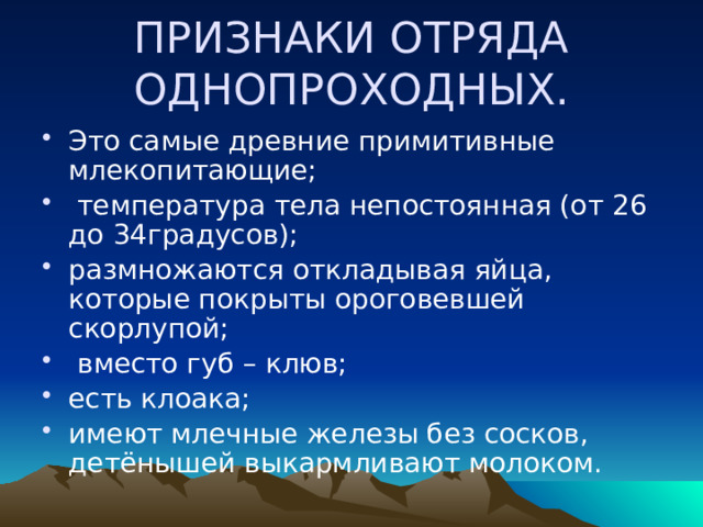ПРИЗНАКИ ОТРЯДА ОДНОПРОХОДНЫХ. Это самые древние примитивные млекопитающие;  температура тела непостоянная (от 26 до 34градусов); размножаются откладывая яйца, которые покрыты ороговевшей скорлупой;  вместо губ – клюв; есть клоака; имеют млечные железы без сосков, детёнышей выкармливают молоком. 