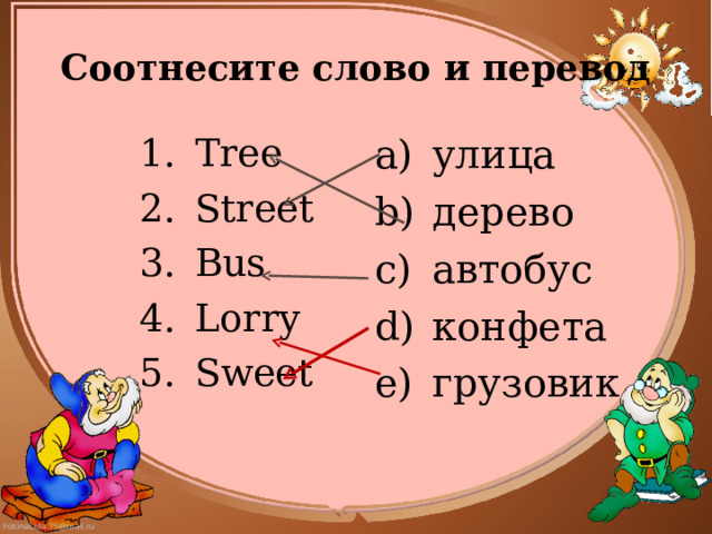 Соотнесите слово и перевод Tree Street Bus Lorry Sweet улица дерево автобус конфета грузовик 