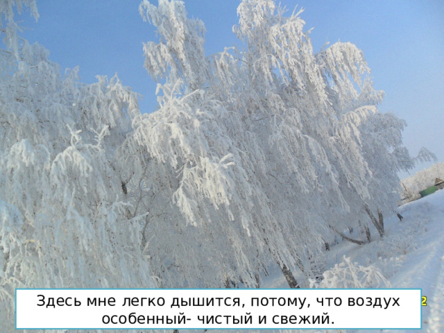 Здесь мне легко дышится, потому, что воздух особенный- чистый и свежий. 