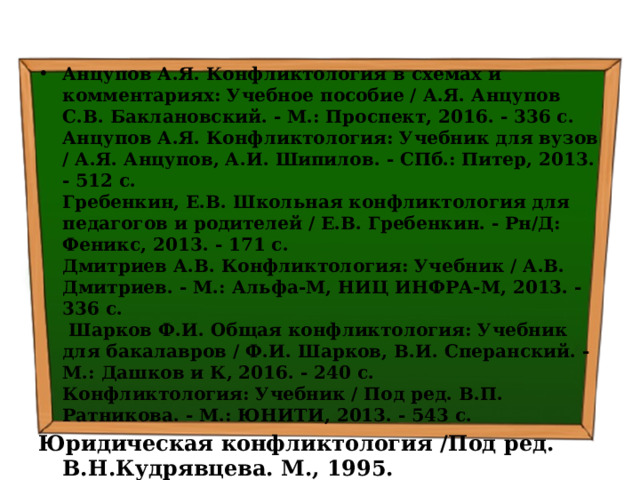 Анцупов А.Я. Конфликтология в схемах и комментариях: Учебное пособие / А.Я. Анцупов С.В. Баклановский. - М.: Проспект, 2016. - 336 c.  Анцупов А.Я. Конфликтология: Учебник для вузов / А.Я. Анцупов, А.И. Шипилов. - СПб.: Питер, 2013. - 512 c.  Гребенкин, Е.В. Школьная конфликтология для педагогов и родителей / Е.В. Гребенкин. - Рн/Д: Феникс, 2013. - 171 c.  Дмитриев А.В. Конфликтология: Учебник / А.В. Дмитриев. - М.: Альфа-М, НИЦ ИНФРА-М, 2013. - 336 c.  Шарков Ф.И. Общая конфликтология: Учебник для бакалавров / Ф.И. Шарков, В.И. Сперанский. - М.: Дашков и К, 2016. - 240 c.  Конфликтология: Учебник / Под ред. В.П. Ратникова. - М.: ЮНИТИ, 2013. - 543 c. Юридическая конфликтология /Под ред. В.Н.Кудрявцева. М., 1995. 