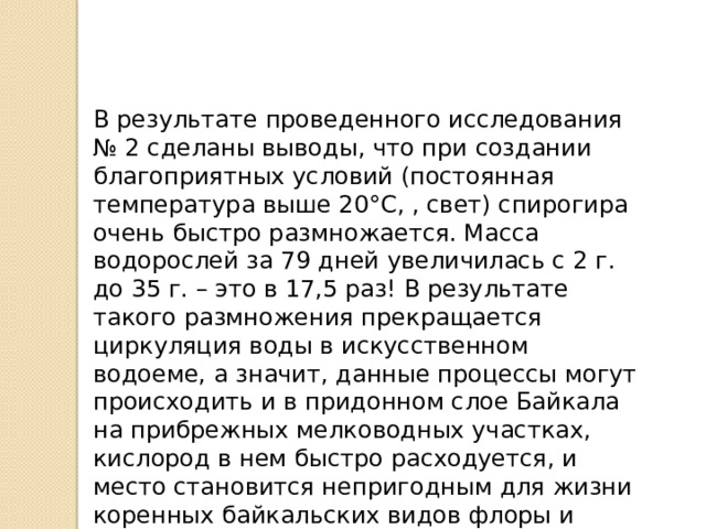 В результате проведенного исследования № 2 сделаны выводы, что при создании благоприятных условий (постоянная температура выше 20°С, , свет) спирогира очень быстро размножается. Масса водорослей за 79 дней увеличилась с 2 г. до 35 г. – это в 17,5 раз! В результате такого размножения прекращается циркуляция воды в искусственном водоеме, а значит, данные процессы могут происходить и в придонном слое Байкала на прибрежных мелководных участках, кислород в нем быстро расходуется, и место становится непригодным для жизни коренных байкальских видов флоры и фауны . 