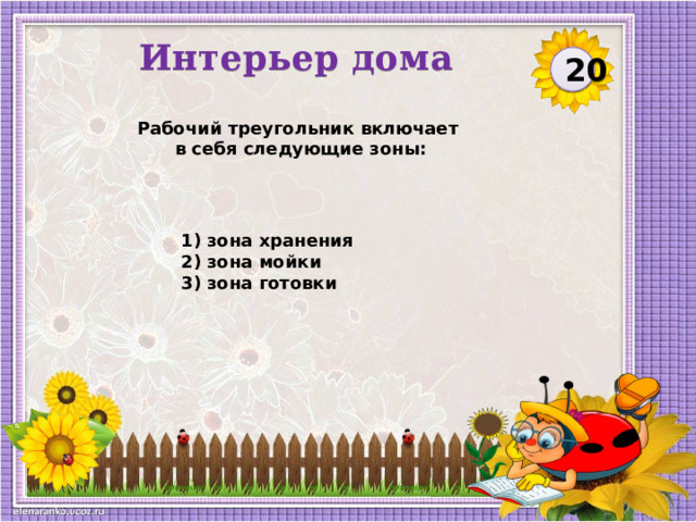 Интерьер дома  20 Рабочий треугольник включает  в себя следующие зоны: 1) зона хранения 2) зона мойки 3) зона готовки  